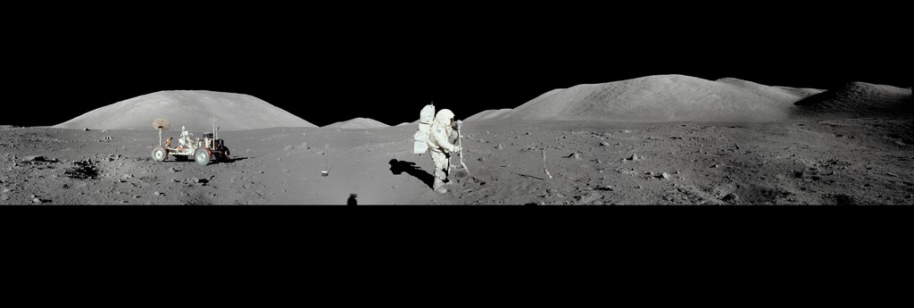 An Apollo astronaut and lunar rover in the Taurus–Littrow valley