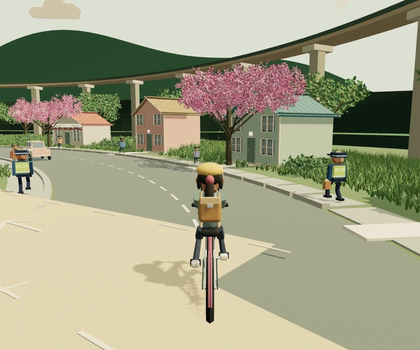 A schoolgirl cycling through the cherry-blossom town; hover to watch her ride